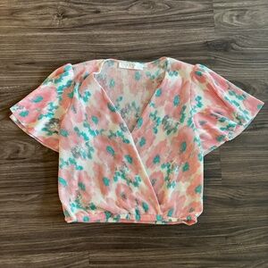 ASTR Pink and Green Floral Wrap Flutter Sleeve Blouse Small